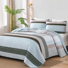 Wongs Bedding Blue Brown Quilt King Size Bohemian Stripe Quilt Sets 3 Pieces