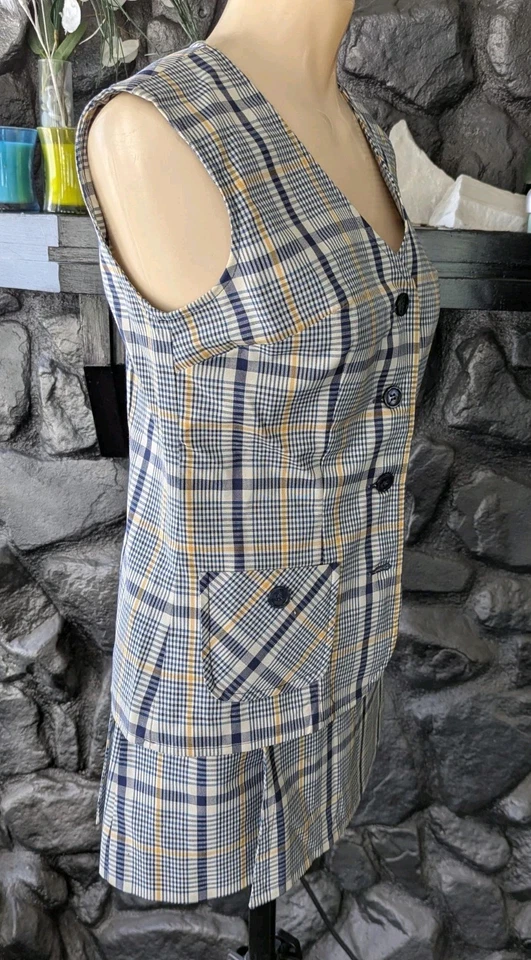 De Colección Años 60 Bobby Brooks Conjunto Scooter Falda Chaleco Azul Marino Amarillo Cuadros Koratron Talla 3/5 Foto 4 de 4
