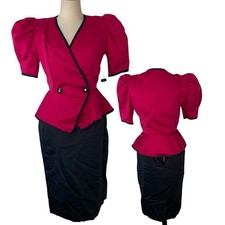Vintage Samantha Black Peplum Skirt Set Pink Black Puff Sleeve 80s Made in USA 6