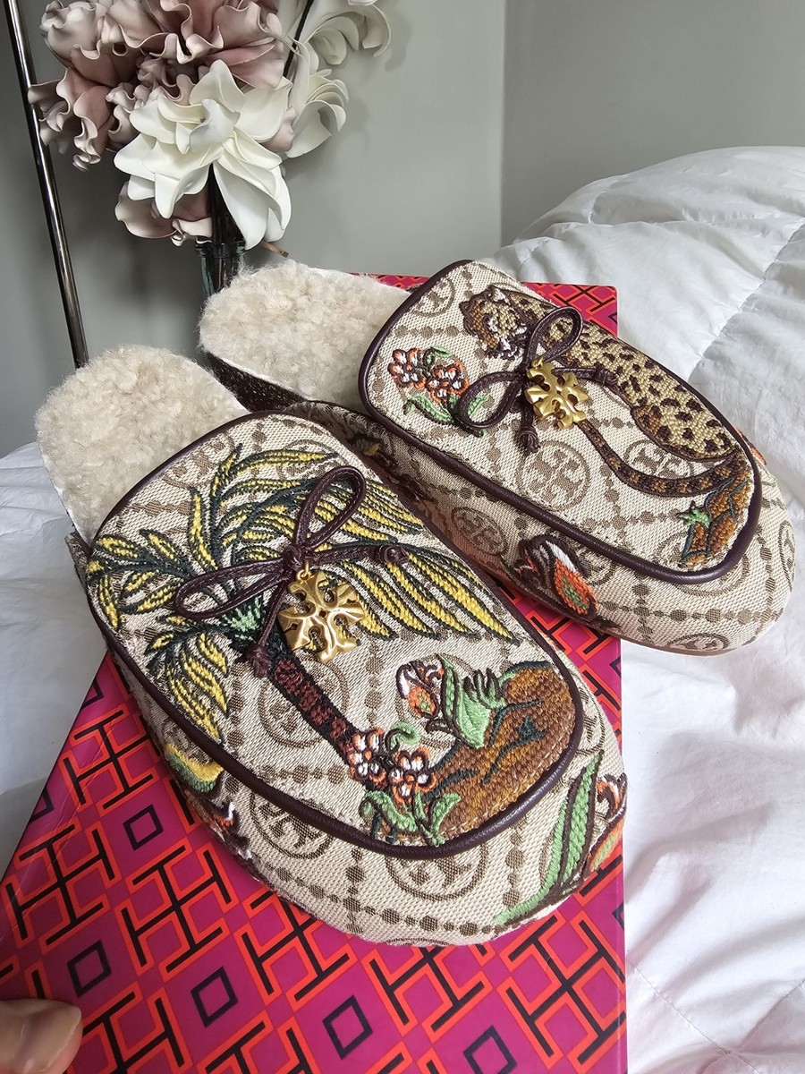 TORY BURCH T MONOGAM CHARM MULES IN CHEETAH NEEDLEPOINT US SIZE 6