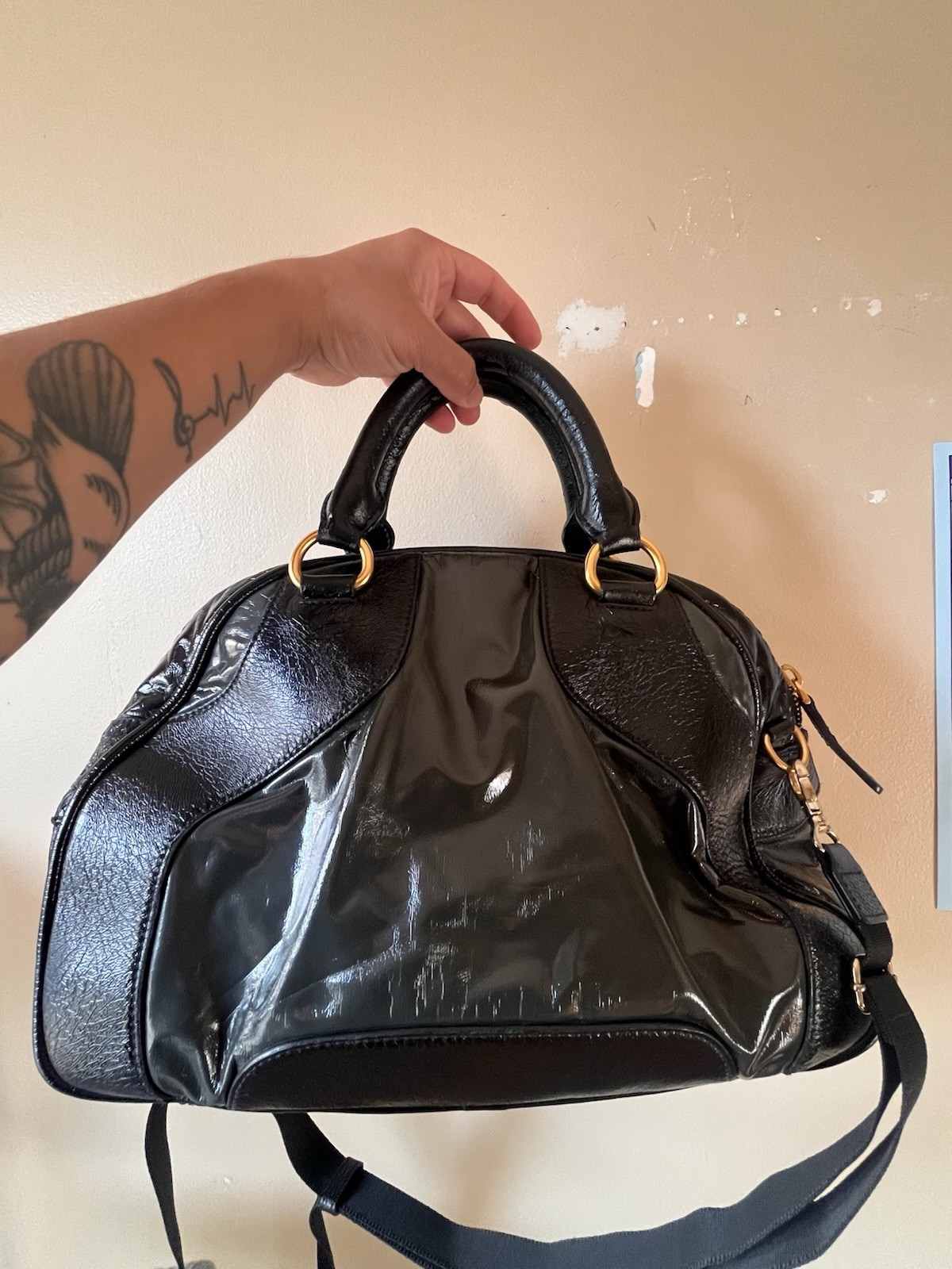 Miu Miu Black Dome Satchel Top Handle Bag Zip Closure Gold Hardware.