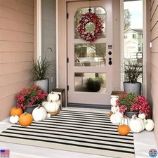 Black and Beige Striped Outdoor Rug 3'x5' Front Door Rug,Cotton Woven Machine