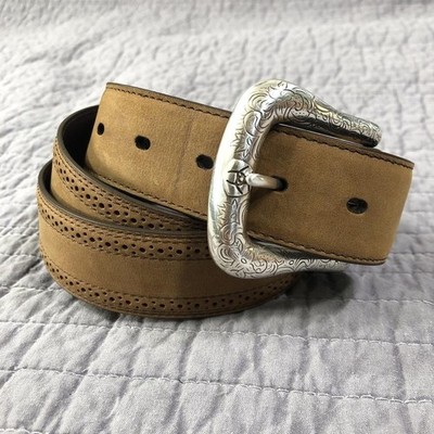 Ariat Belt Men 38 Brown Leather Western Grip Strip Perforated Buckle Full Grain