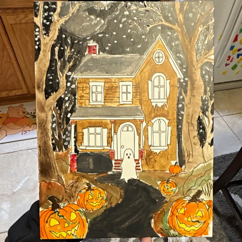Halloween Folk Art Painting Haunted House Ghost Pumpkins Tree, Unframed