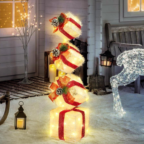 Christmas Lighted Gift Boxes Decorations Set of 4, 2.8Ft Stackable Warm White