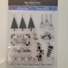 Recollections MERRY MERRY Clear Cling Stamp Set of 10 Trees Ribbons Messages