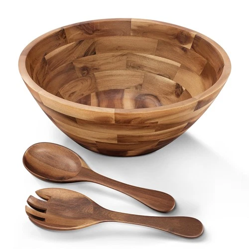 12.2" Large Salad Bowl with Serving Utensils, Acacia Wooden Salad Serving Bowl S