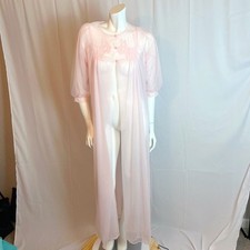 Vintage 1970s Sheer Pink Chiffon Night Gown Lace Details Coquette Size M