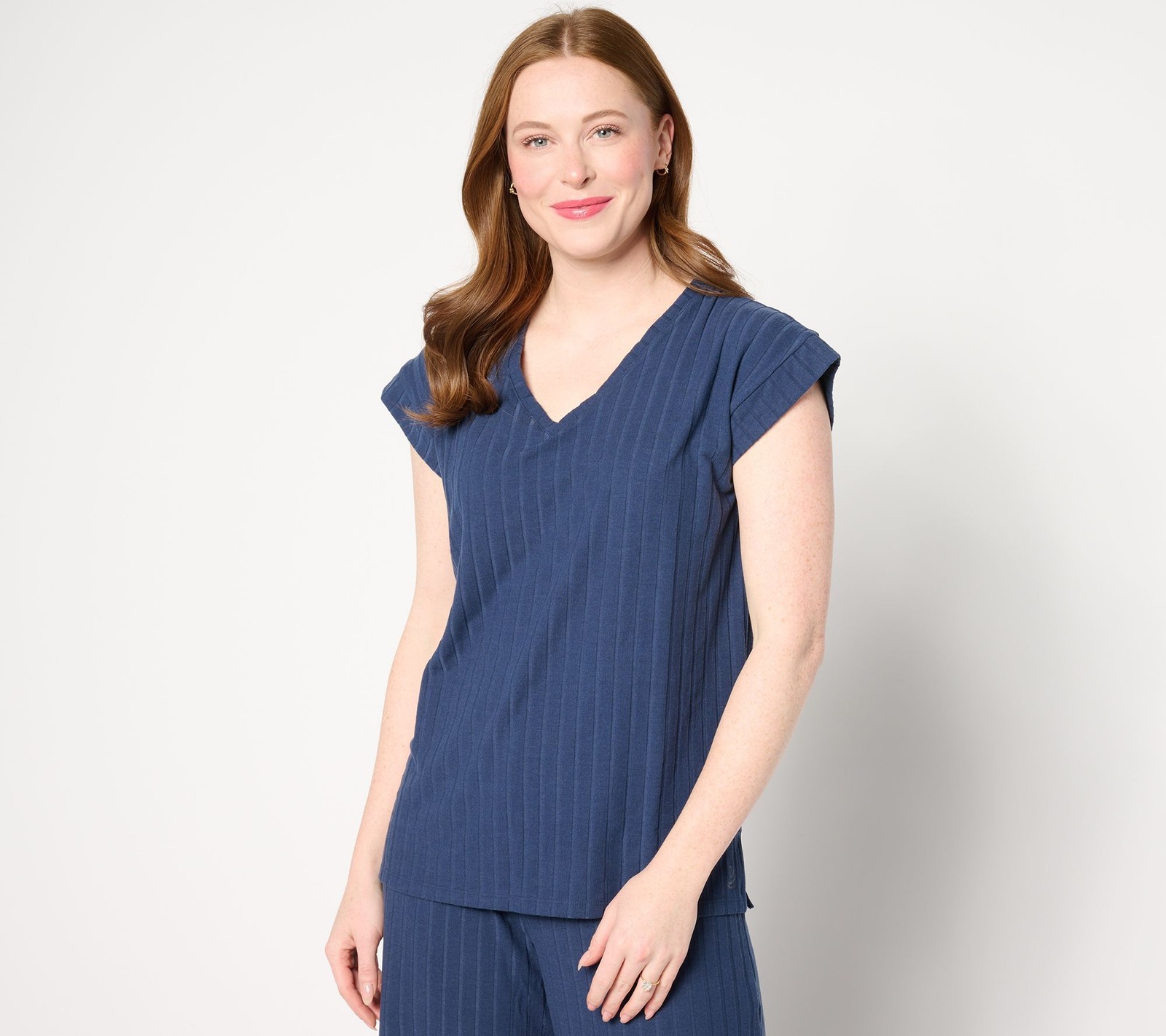 Cuddl Duds Women's Top Sz M Wide Rib V-Neck Tee Blue A637428