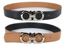 SALVATORE FERRAGAMO Black  Tan Leather Reversible GANCINI Buckle Belt 75 30