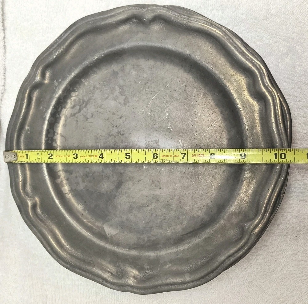 Vintage Crown Castle Ltd Pewter Set Of 7 Dinner Plates Made in USA