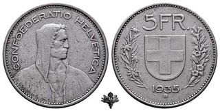 SCHWEIZ 5 francs 1935 SILVER Silbermünze Switzerland