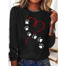 Women's Heart  Dog Paw Print T-shirt, Cute Crew Neck Long Sleeve Top For Spring