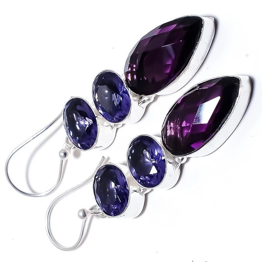 African Amethyst Gemstone Handmade 925 Sterling Silver Jewelry Earrings 2.10" - Image 4 of 4