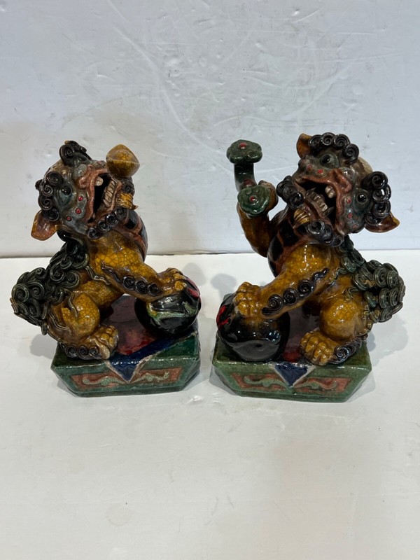 Antique chinese Qing pottery foo dogs superb quality fabulous color 8” PERFECT