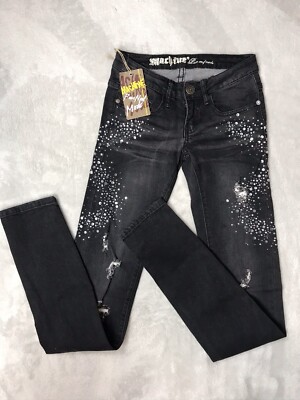 Machine Nouvelle Mode Black Bedazzled Destressed Skinny Jeans **NWT**
