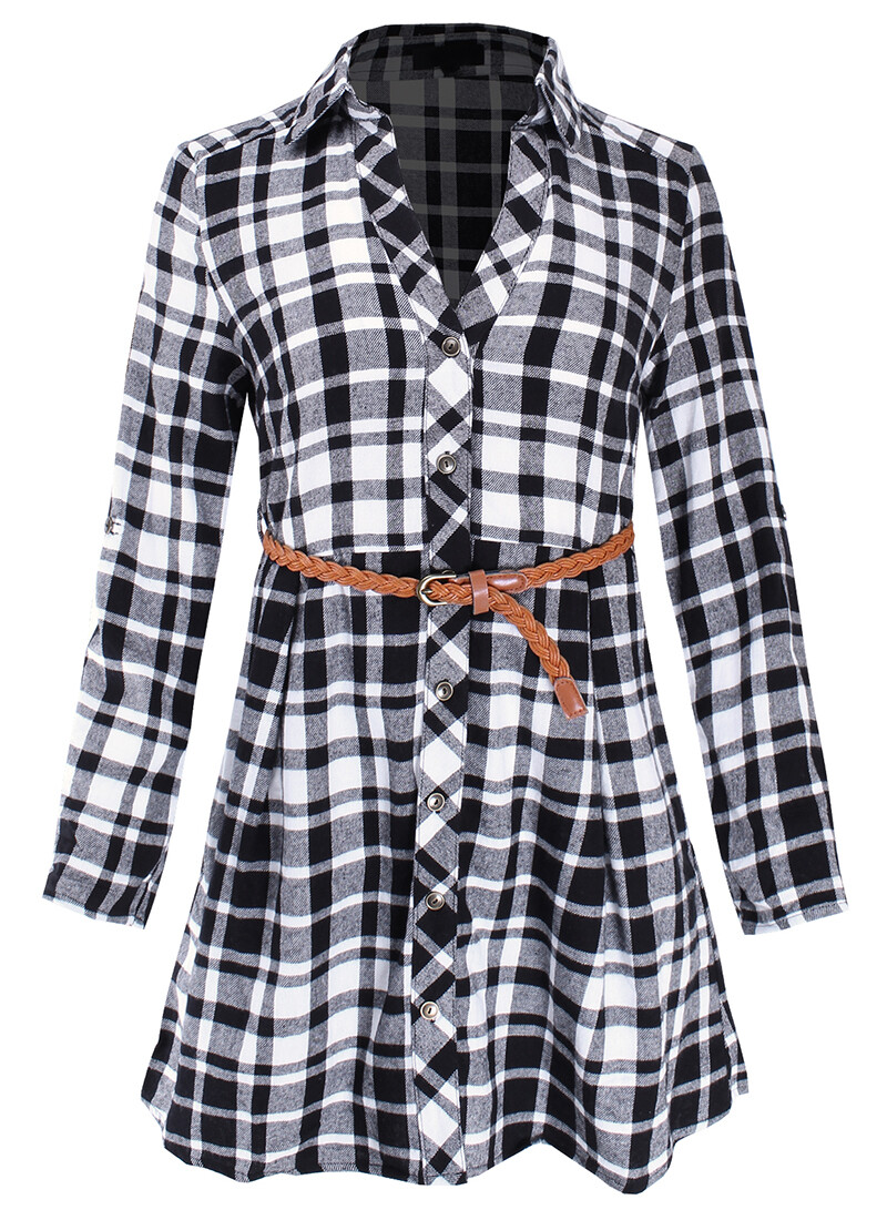 Women's 3/4 Sleeve Plaid Shirt Dress With Belt - ToBeInStyle - View #7