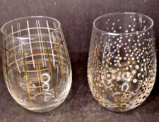 Pair of Clear Stemless Wine Glasses - Trimmed & Design in Gold - Dots & Checks