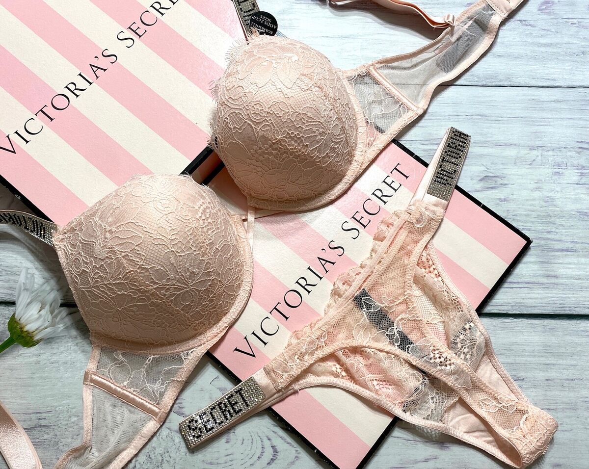 Victoria's Secret Bombshell + 2 cups lace Push Up Bra Set shine blush pink  thong