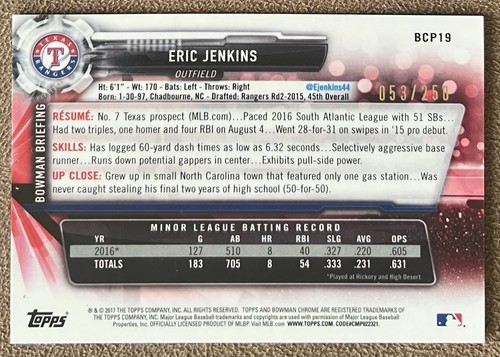 2017 Bowman Chrome Purple Refractor Eric Jenkins /250 Texas Rangers #BCP19 - Picture 2 of 2