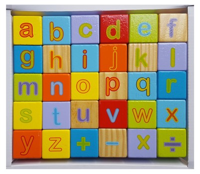 30 Cubi In Legno Educativi SirWood 4 Cm – Alfabeto, Numeri E Simboli Per Bambini