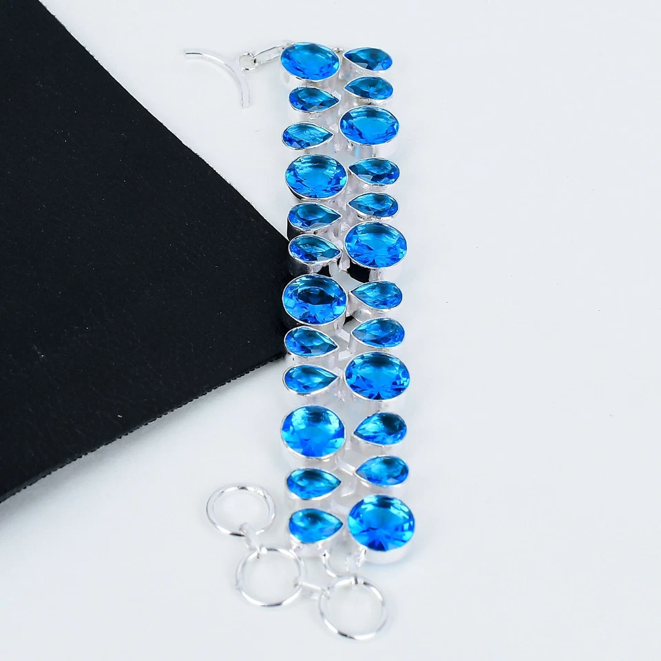 Swiss Blau Topas Edelstein Handgemacht 925 Sterling Silber Armband Gift für Her - Bild 2 von 4