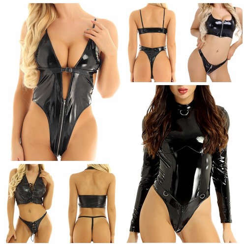 Sexy Women Shiny Leather Lingerie Set Halter Crop Top Panties Bodysuit Clubwear