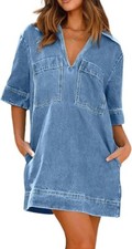Women Loose Denim Dress Short Sleeve Casual Summer Dress Turn Down Pullover Vint