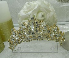 BRIDAL CROWN TIARA Swarovski MOONSTONES AB CRYSTALS GOLDEN METAL SPARKLING STATE