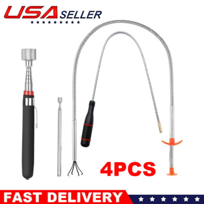 4X Telescoping Magnet Pick-up Tool Set - Extra Long Reach Bendable Curve Grabber