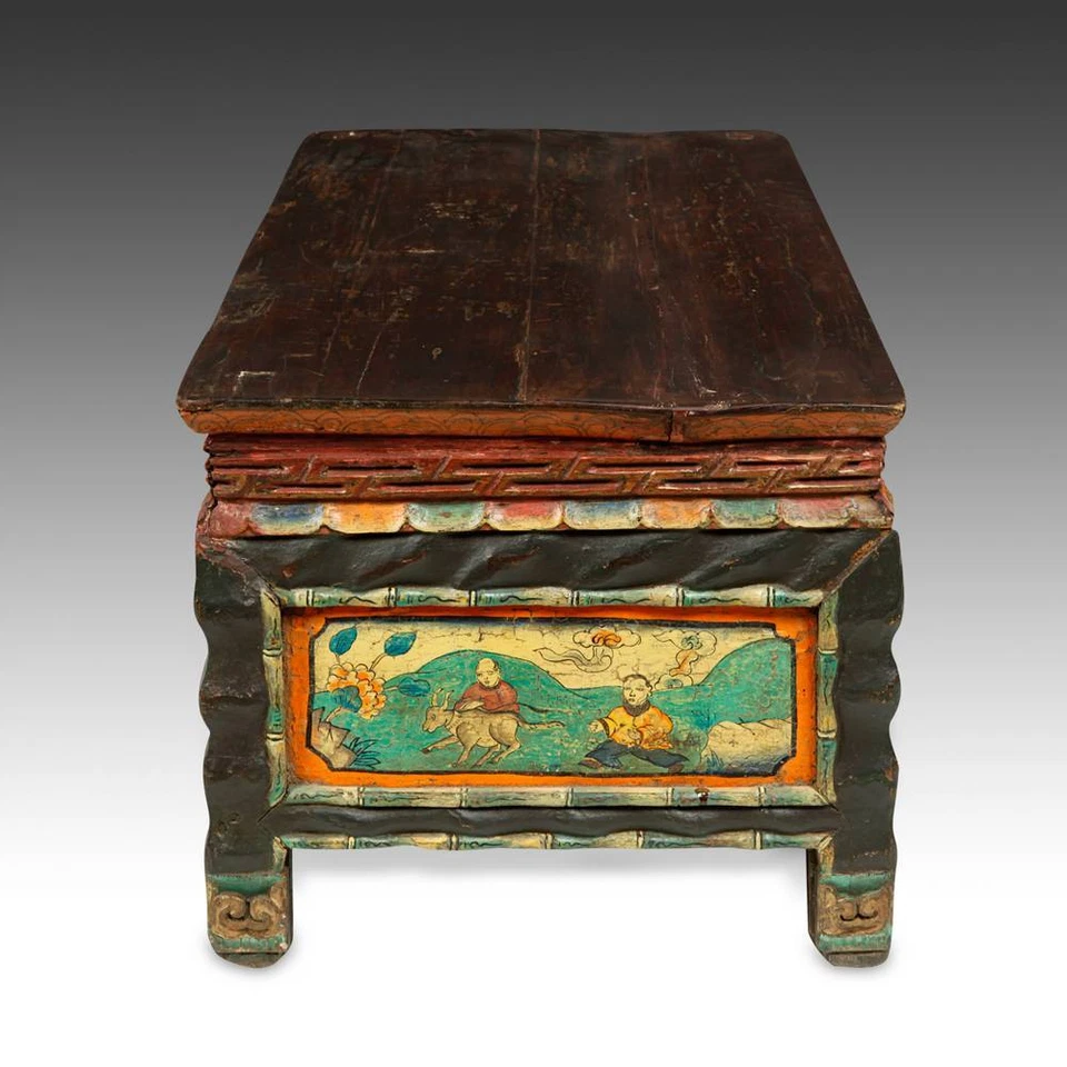 ANTIGUA MESA DE ESCRITURA MONJE PINTADA PINO MONGOLIA MUEBLES CHINOS SIGLO XIX. Foto 3 de 4