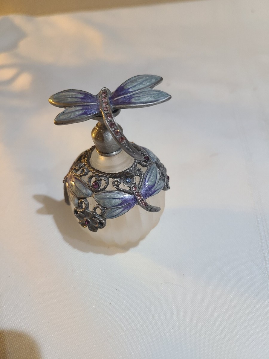Vintage Style Opaque Glass Perfume Bottle With Enamel Dragonfly
