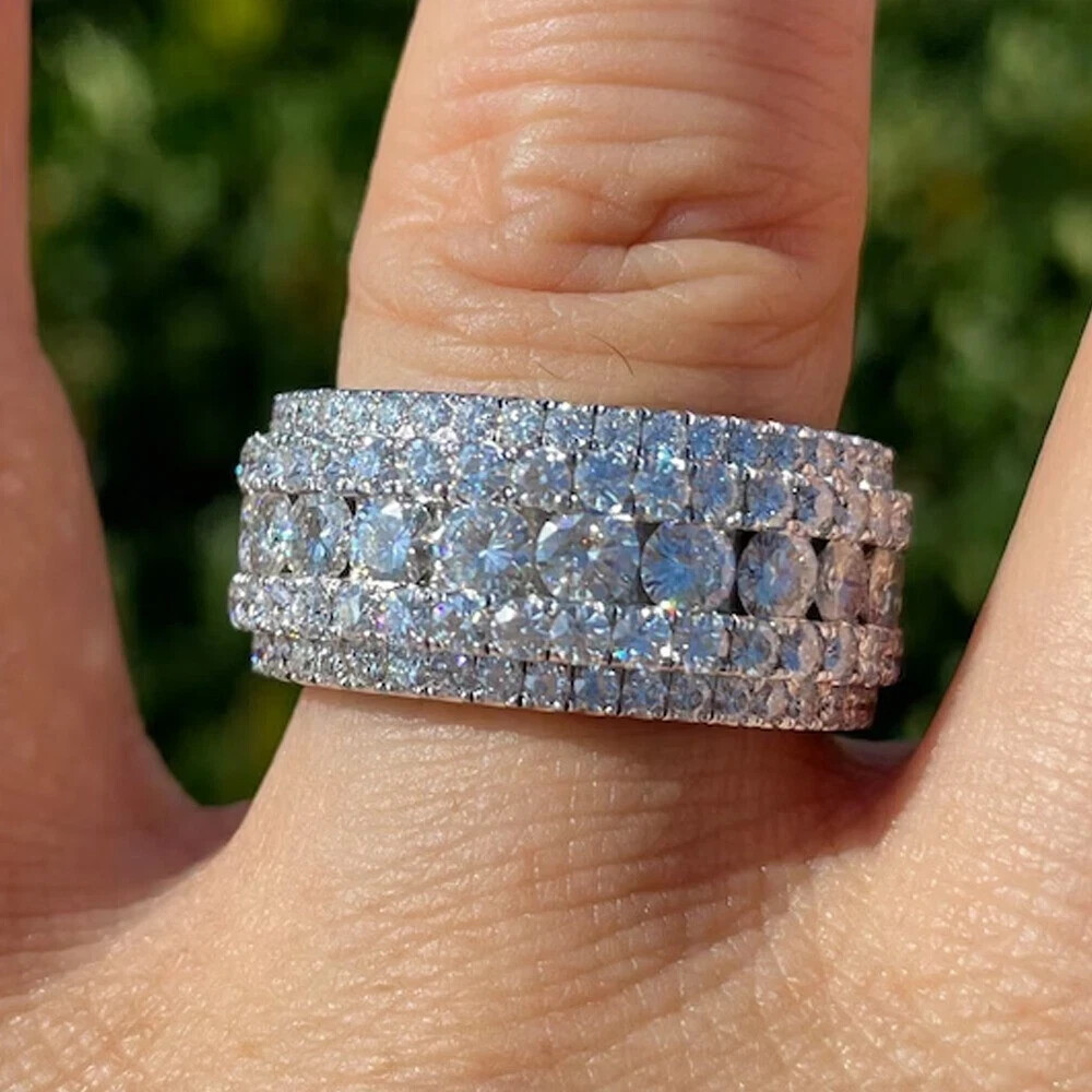 14K White Gold Plated 3.5ct Round Cut Moissanite Wedding Full Eternity Band Ring