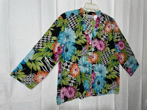 Alfred Dunner Sz 16P Fun Bright Multicolor Floral Top Button Up V-neck Cruise - Picture 7 of 21