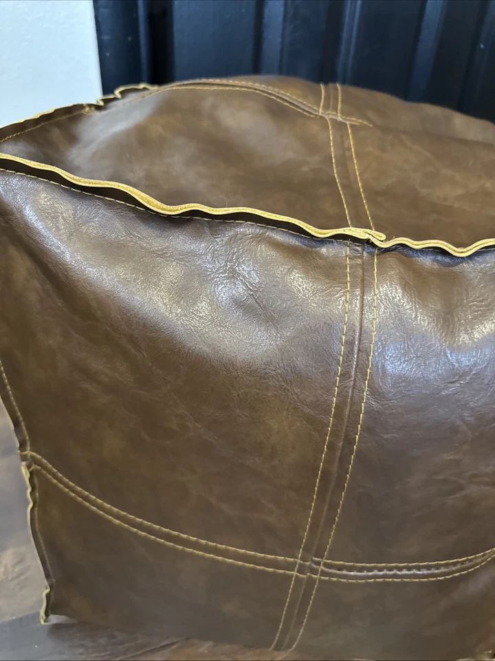 Cubo puf otomano hecho a mano de cuero MJ sin relleno 16x16 reposapiés marrón Foto 2 de 4