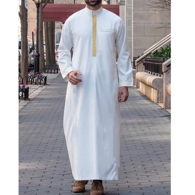 Men's Long Sleeve Muslim Clothing Saudi Jubba Arab Kaftan Thobe Long Dress Robe