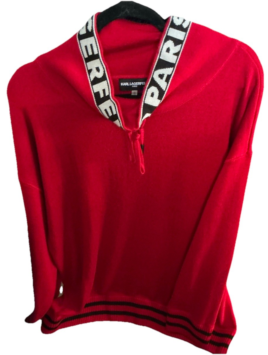 Karl Lagerfeld Paris Red Black Knit Pullover Sweater V Neck Logo Collar XL