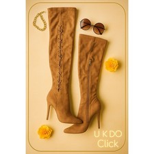 Vintage Camel Suede High Heel Over the Knee Boots Lace Up Zip size8