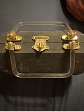 Vintage 1960s Wooden Box Purse Handbag - Clear Lucite Handles  Yellow Lining