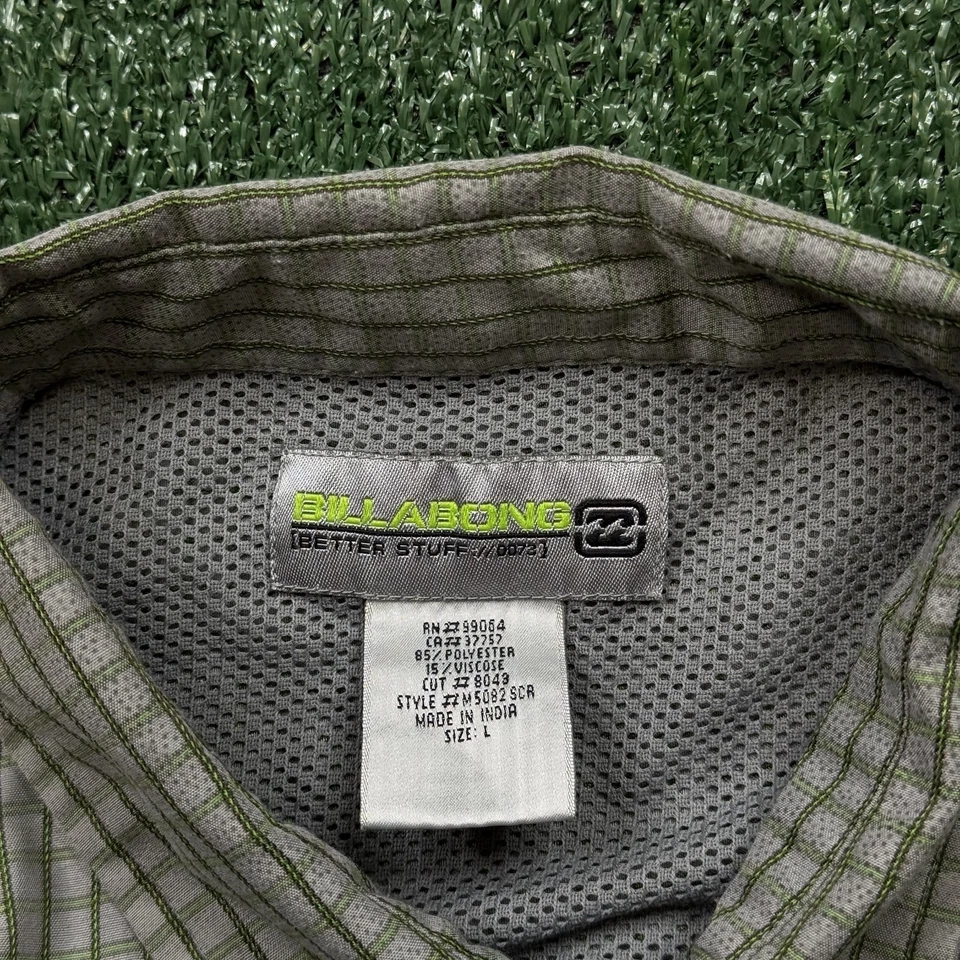 Винтажная рубашка Y2K Billabong на пуговицах мужская размер L серая зеленая с коротким рукавом для серфинга - Изображение 2 из 4