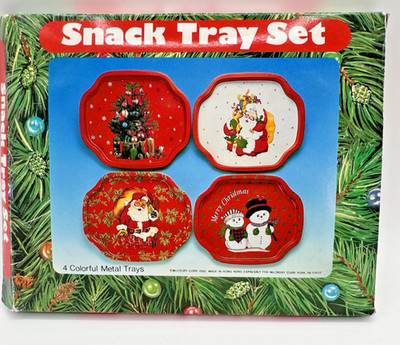 Vintage 1988 McCrory Christmas Snack Trays Set 4 Metal Trays NIB