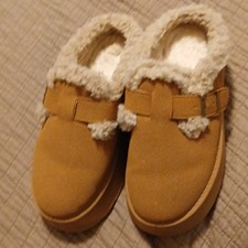 Women's Brown/Beige Faux Suede Mule Slippers Faux Fur Lined Buckle Flat 096