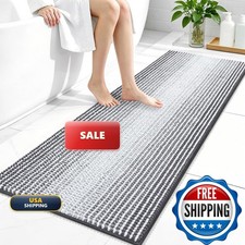 OLANLY Bathroom Runner Rugs 47x20, Soft Chenille Striped Bath Rugs, Grey