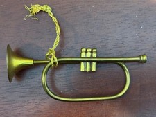 Vintage Brass Bugle Horn Christmas Ornament 5" Holiday Decor Gold Cord Hanger