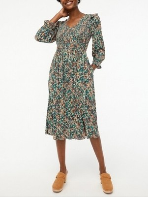 J Crew NEW Size M Green Floral V-Neck Smocked Midi Dress Pockets Wedding Cottage