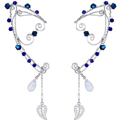 Handmade Silver Wire Wrapped Elf Ear Cuffs with Blue Crystal Sterling Leaf and G