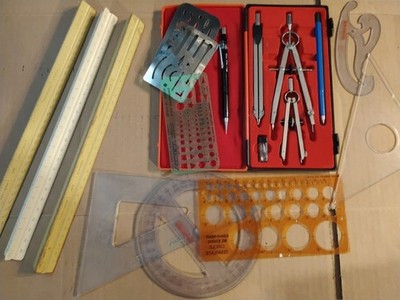 Drafting Compass Set, Drawing Rulers Architect Lot Japan, Germany Vtg KOH-1-NOOR