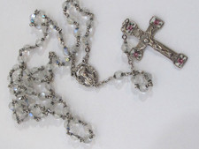 VTG Sterling Silver Cross Rose GUILLOCHE ENAMEL & 35" Crystal Creed Rosary C5