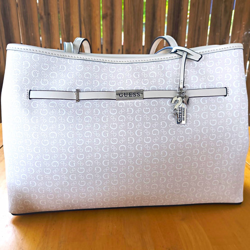 GUESS White Logo Print Large Tote Bag Double Handles Silver Hardware Bag Charm