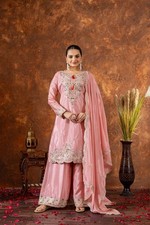 Elite Designer Peach Chinon Silk Heavy Work Suit Set with Fully Stitched Plazzo